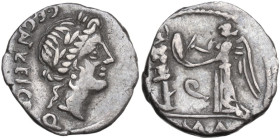 C. Egnatuleius. Quinarius, 97 BC. Obv. Laureate head of Apollo right; behind, C·EGNATVLEI·C·F·Q (NAT and VL ligate). Rev. Victory left inscribing shie...