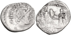 C. Egnatuleius. Quinarius, 97 BC. Obv. Laureate head of Apollo right; behind, C·EGNATVLEI·C·F·Q (NAT and VL ligate). Rev. Victory left inscribing shie...