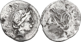 C. Egnatuleius. Quinarius, 97 BC, brockage. Obv. Laureate head of Apollo right. Cf. Cr. 333/1; B. (Egnatuleia) 1. AR. 1.50 g. 17.00 mm. R. About VF.