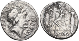 C. Publicius Malleolus, A. Postumius Sp. f. Albinus and L. Metellus. AR Denarius. Obv. Laureate head of Apollo right. Rev. C. MALL. Roma seated left o...