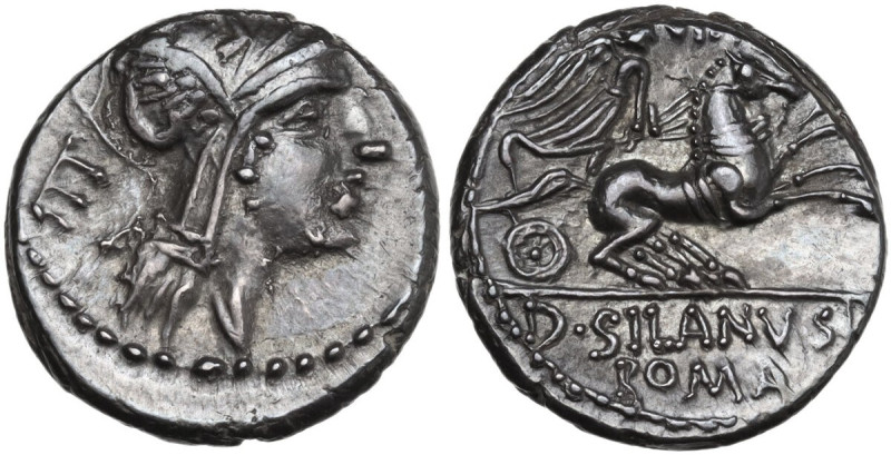 D. Junius Silanus L.f. AR Denarius, 91 BC. Obv. Helmeted head of Roma right; beh...