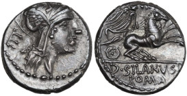 D. Junius Silanus L.f. AR Denarius, 91 BC. Obv. Helmeted head of Roma right; behind, control letter. Rev. Victory in biga right; above, XXV; in exergu...