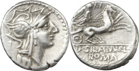 D. Iunius Silanus. AR Denarius, 91 BC. Obv. Helmeted head of Roma right; on the left, control-letter. Rev. Victory in biga right; above, control-numbe...