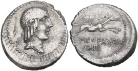 L. Calpurnius Piso Frugi. AR Denarius, 90 BC. Obv. Laureate head of Apollo right; behind, arrow downwards. Rev. Horseman galloping right, holding palm...