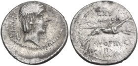 L. Calpurnius Piso Frugi. AR Denarius, 90 BC. Obv. Laureate head of Apollo right; behind, XXXXVII. Rev. Horseman galloping right, holding palm, above,...