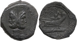 L. Calpurnius Piso Frugi. AE As, 90 BC. Obv. Laureate head of Janus; I above. Rev. Prow of galley right; L. PISO above, Victory walking right on prow,...