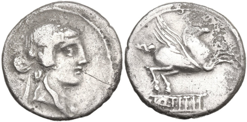 Q. Titius. Denarius, 90 BC. Obv. Head of Liber right, wearing ivy-wreath. Rev. P...