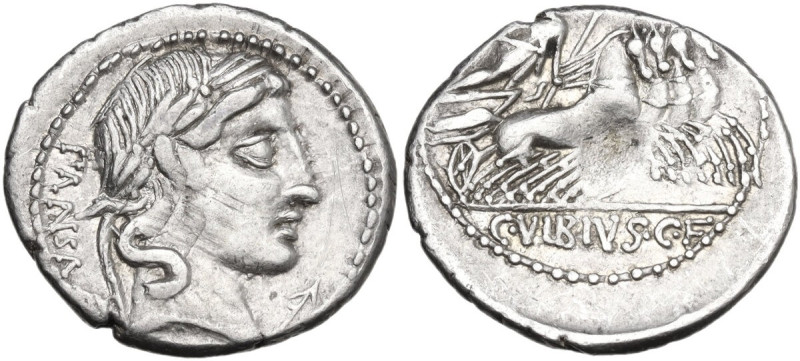 C. Vibius C.f. Pansa. AR Denarius, c. 90 BC. Obv. PANSA. Laureate head of Apollo...