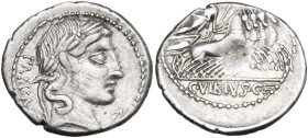 C. Vibius C.f. Pansa. AR Denarius, c. 90 BC. Obv. PANSA. Laureate head of Apollo right; below chin, control symbol. Rev. Minerva in fast quadriga righ...