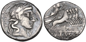 C. Vibius Pansa. Denarius, 90 BC. Obv. Laureate head of Apollo right; behind, PANSA; below chin, control-mark. Rev. Minerva in quadriga right; in exer...