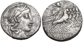 C. Vibius Pansa. Denarius, 90 BC. Obv. Laureate head of Apollo right; behind, PANSA; below chin, control-mark. Rev. Minerva in quadriga right; in exer...