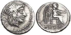 M. Cato. Quinarius, 89 BC. Obv. Head of Liber right, wearing ivy-wreath; behind, M·CATO (AT ligate). Rev. Victory seated right, holding patera and pal...