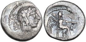 M. Cato. Quinarius, 89 BC. Obv. Head of Liber right, wearing ivy-wreath; behind, M·CATO (AT ligate). Rev. Victory seated right, holding patera and pal...