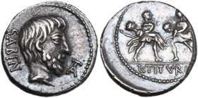 L. Titurius L.f. Sabinus. Denarius, Rome mint, 89 BC. Obv. Bearded head of King Tatius right; behind, SABIN; before, TA (ligate). Rev. Rape of the Sab...