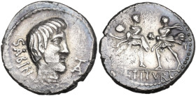 L. Titurius L.f. Sabinus. Denarius, Rome mint, 89 BC. Obv. Bearded head of King Tatius right; behind, SABIN; before, TA (ligate). Rev. Rape of the Sab...