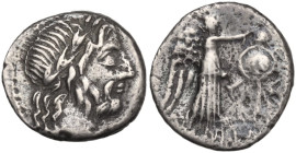 Cn. Cornelius Lentulus Clodianus. Quinarius, 88 AD. Obv. Laureate head of Jupiter right. Rev. Victory standing right, crowning trophy; in exergue, CN·...