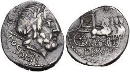 L. Rubrius Dossenus. Denarius, 87 BC. Obv. Laureate head of Jupiter right, sceptre over shoulder; below DOSSEN. Rev. Triumphal chariot right, decorate...