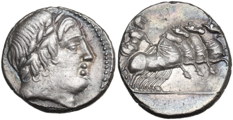 Gargilius, Ogulnius and Vergilius. Denarius, 86 BC. Obv. Head of Apollo right, w...