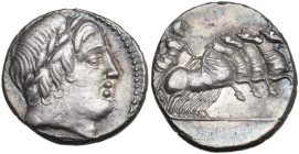 Gargilius, Ogulnius and Vergilius. Denarius, 86 BC. Obv. Head of Apollo right, wearing oak-wreath; below, thunderbolt. Rev. Jupiter in quadriga right....