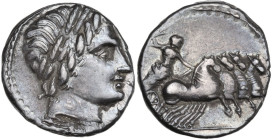 Gargilius, Ogulnius and Vergilius. Denarius, 86 BC. Obv. Head of Apollo right, wearing oak-wreath; below, thunderbolt. Rev. Jupiter in quadriga right....