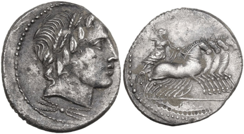 Gargilius, Ogulnius and Vergilius. AR Denarius, 86 BC. Obv. Laureate head of Apo...