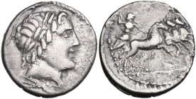 Gargilius, Ogulnius and Vergilius. Denarius, 86 BC. Obv. Head of Apollo right, wearing oak-wreath; below, thunderbolt. Rev. Jupiter in quadriga right....