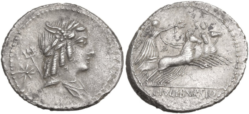 L. Julius Bursio. Denarius, 85 BC. Obv. Male head right, with the attributes of ...