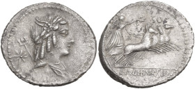 L. Julius Bursio. Denarius, 85 BC. Obv. Male head right, with the attributes of Apollo, Mercury and Neptune; behind, control-mark. Rev. Victory in qua...