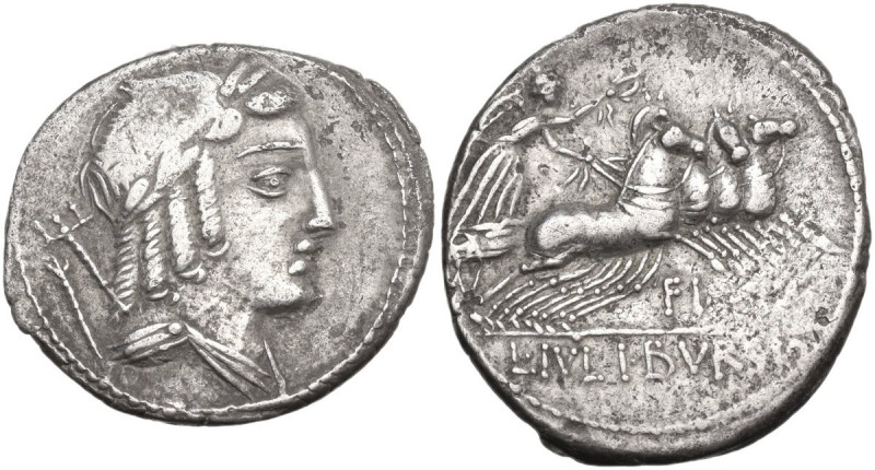 L. Julius Bursio. Denarius, 85 BC. Obv. Male head right, with the attributes of ...
