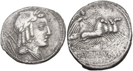 L. Julius Bursio. Denarius, 85 BC. Obv. Male head right, with the attributes of Apollo, Mercury and Neptune; behind, control-mark. Rev. Victory in qua...