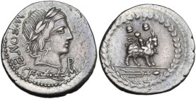 Mn. Fonteius C.f. Denarius, 85 BC. Obv. Laureate head of Apollo right; below, thunderbolt; behind, MN·FONTEI·C·F (MN and NT ligate); before, AP (in mo...