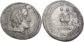 Mn. Fonteius C.f. AR Denarius, 85 BC. Obv. Laureate head of Apollo right; below, thunderbolt; behind, MN·FONTEI·C·F (MN and NT ligate); before, monogr...