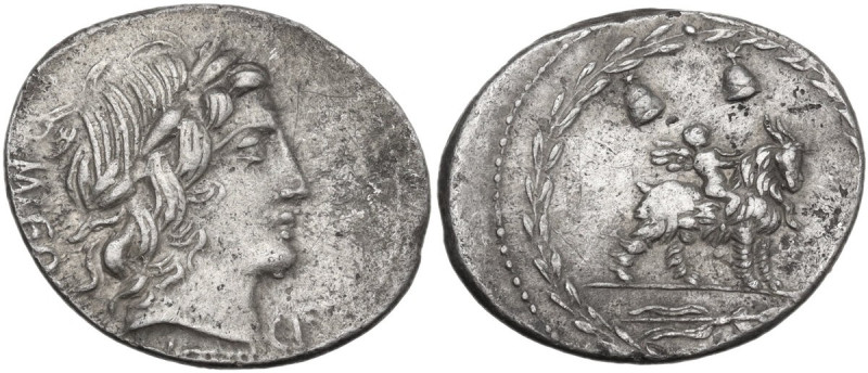 Mn. Fonteius C.f. Denarius, 85 BC. Obv. Laureate head of Apollo right; below, th...