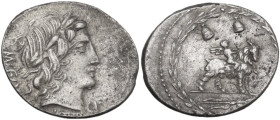 Mn. Fonteius C.f. Denarius, 85 BC. Obv. Laureate head of Apollo right; below, thunderbolt; behind, MN·FONTEI·C·F (MN and NT ligate); before, monogram....