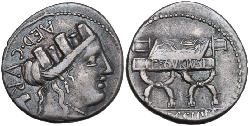 P. Furius Crassipes. AR Denarius, 84 BC. Obv. AED CVR. Turreted head of Cybele r...