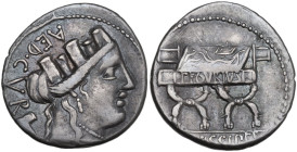 P. Furius Crassipes. AR Denarius, 84 BC. Obv. AED CVR. Turreted head of Cybele right; behind, foot downwards. Rev. Curule chair inscribed P. FOVRIVS; ...