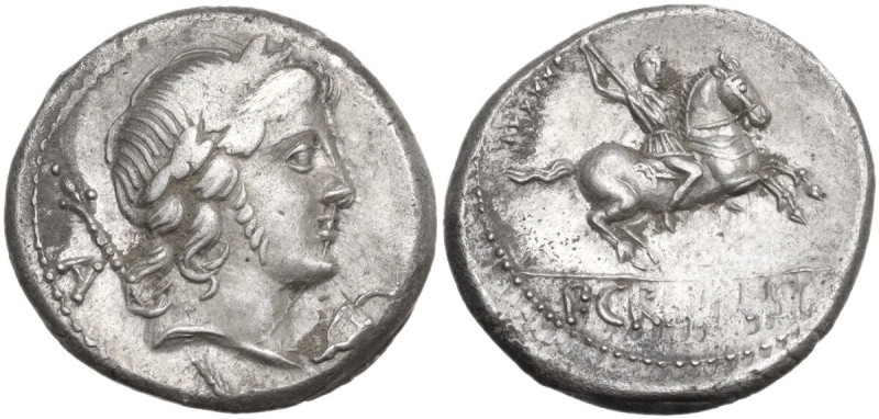 Pub. Crepusius. Denarius, 82 BC. Obv. Laureate head of Apollo right. Rev. Horsem...