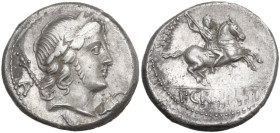 Pub. Crepusius. Denarius, 82 BC. Obv. Laureate head of Apollo right. Rev. Horseman galloping right; in exergue, P·CREPVSI. Cr. 361/1c; B. (Crepusia) 1...