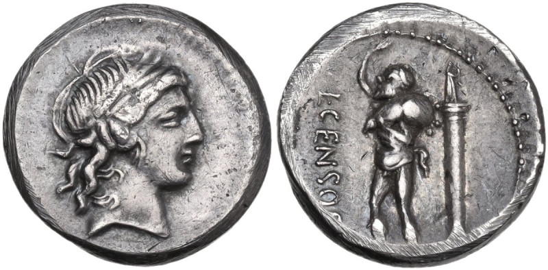 L. Censorinus. AR Denarius, 82 BC. Obv. Laureate head of Apollo right. Rev. L. C...