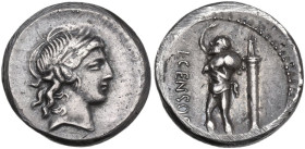 L. Censorinus. AR Denarius, 82 BC. Obv. Laureate head of Apollo right. Rev. L. CENSOR. The satyr Marsyas, standing left, with right arm raised and hol...