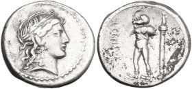 L. Censorinus. AR Denarius, 82 BC. Obv. Laureate head of Apollo right. Rev. L. CENSOR. The satyr Marsyas, standing left, with right arm raised and hol...