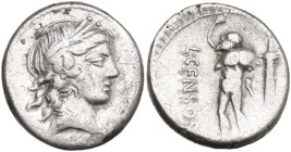 L. Censorinus. AR Denarius, 82 BC. Obv. Laureate head of Apollo right. Rev. L. CENSOR. The satyr Marsyas, standing left, with right arm raised and hol...