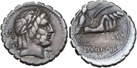 Q. Antonius Balbus. Denarius serratus, 83-82 BC. Obv. Laureate head of Jupiter right; behind, S·C; before, T and dot. Rev. Victory in quadriga right; ...