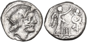 Anonymous. Quinarius, uncertain mint, 81 BC. Obv. Laureate head of Apollo right. Rev. Victory standing right, crowning trophy; between, control-mark I...