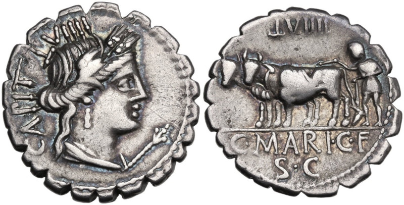 C. Marius C.f. Capito. AR Denarius serratus, 81 BC. Obv. CAPIT CXXVIIII. Draped ...