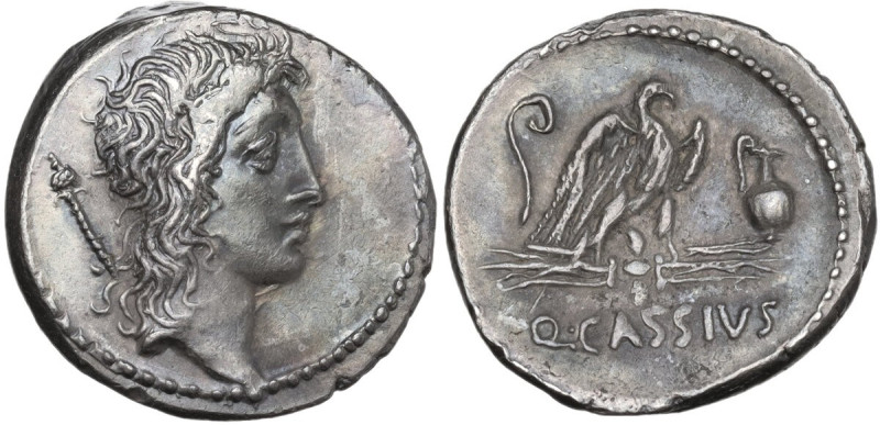 Q. Cassius Longinus. Denarius, 55 BC. Obv. Head of Genius Populi Romani right, w...