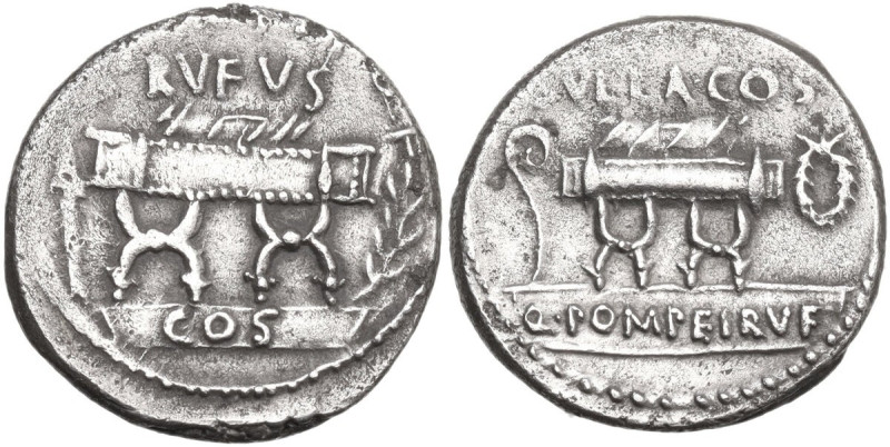 Q. Pompeius Rufus. AR Denarius, 54 BC. Obv. Curule chair; on left, arrow; on rig...