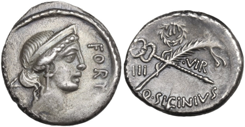 Q. Sicinius. Denarius, 49 BC. Obv. Diademed head of Fortuna Populi Romani right;...