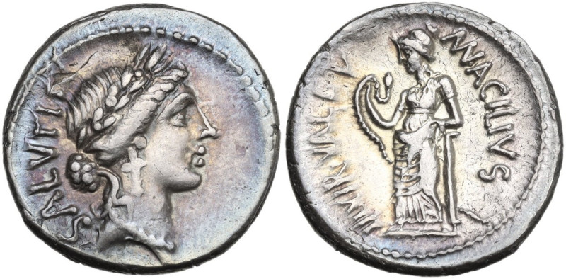 Mn. Acilius Glabrio. Denarius, 49 BC. Obv. Laureate head of Salus right; behind,...