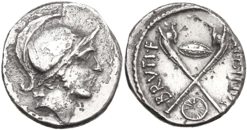 Albinus Bruti f. AR Denarius, 48 BC. Obv. Helmeted head of Mars right. Rev. Two ...